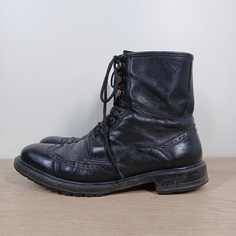 UGG Collection Boots Mens 8.5 Black Leather Lace Up Wingtip Made In Italy